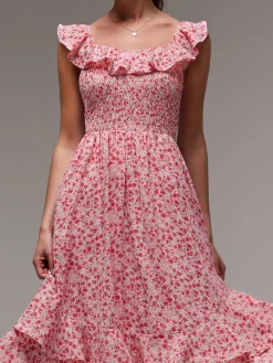 Jolie Moi Floral Dresses|Midi Dresses-Ruffle Shirred Woven Midi Dress, Red Floral