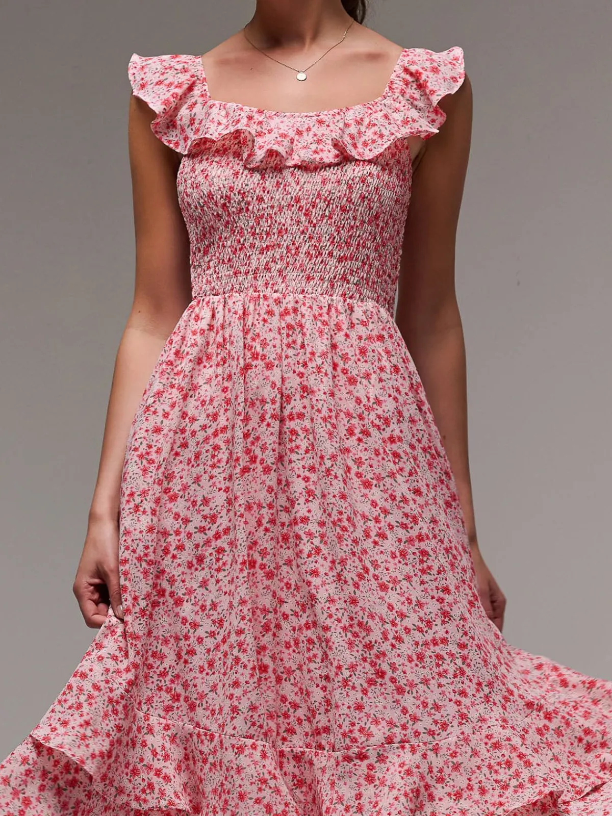 Jolie Moi Floral Dresses|Midi Dresses-Ruffle Shirred Woven Midi Dress, Red Floral