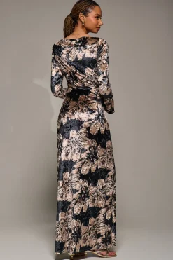 Jolie Moi Occasion Dresses|Velvet Dresses-Ruffle Sleeve Asymmetric Neck Velvet Maxi, Black Abstract