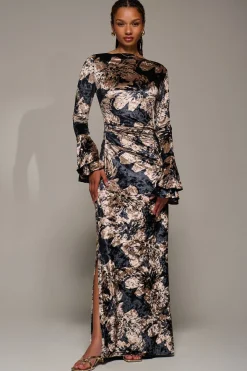Jolie Moi Occasion Dresses|Velvet Dresses-Ruffle Sleeve Asymmetric Neck Velvet Maxi, Black Abstract