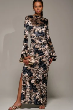 Jolie Moi Occasion Dresses|Velvet Dresses-Ruffle Sleeve Asymmetric Neck Velvet Maxi, Black Abstract