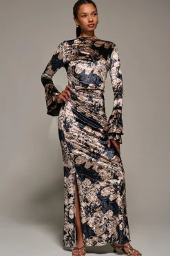 Jolie Moi Occasion Dresses|Velvet Dresses-Ruffle Sleeve Asymmetric Neck Velvet Maxi, Black Abstract