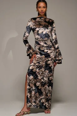 Jolie Moi Occasion Dresses|Velvet Dresses-Ruffle Sleeve Asymmetric Neck Velvet Maxi, Black Abstract
