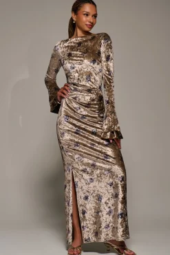 Jolie Moi Occasion Dresses|Velvet Dresses-Ruffle Sleeve Asymmetric Neck Velvet Maxi, Gold Abstract