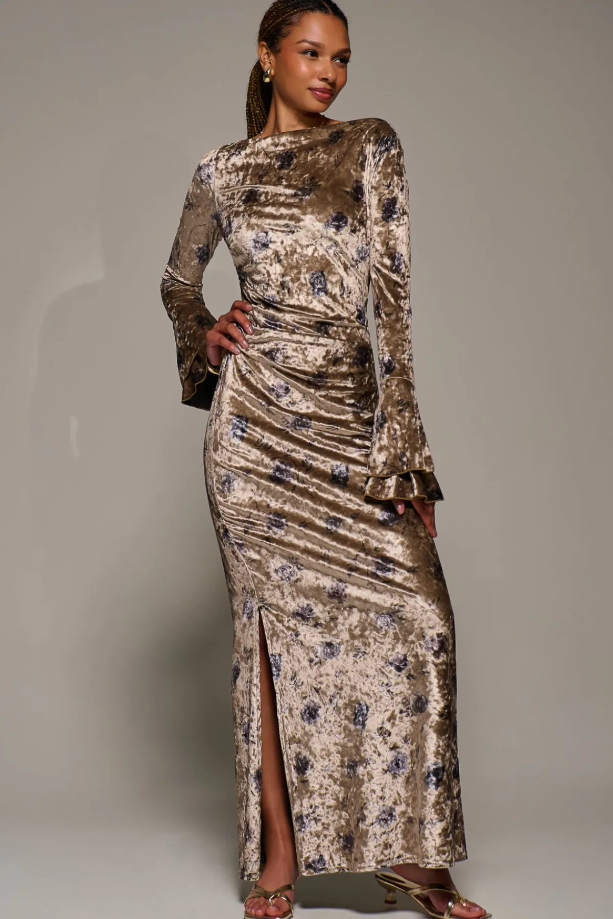 Jolie Moi Occasion Dresses|Velvet Dresses-Ruffle Sleeve Asymmetric Neck Velvet Maxi, Gold Abstract