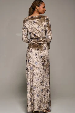 Jolie Moi Occasion Dresses|Velvet Dresses-Ruffle Sleeve Asymmetric Neck Velvet Maxi, Gold Abstract