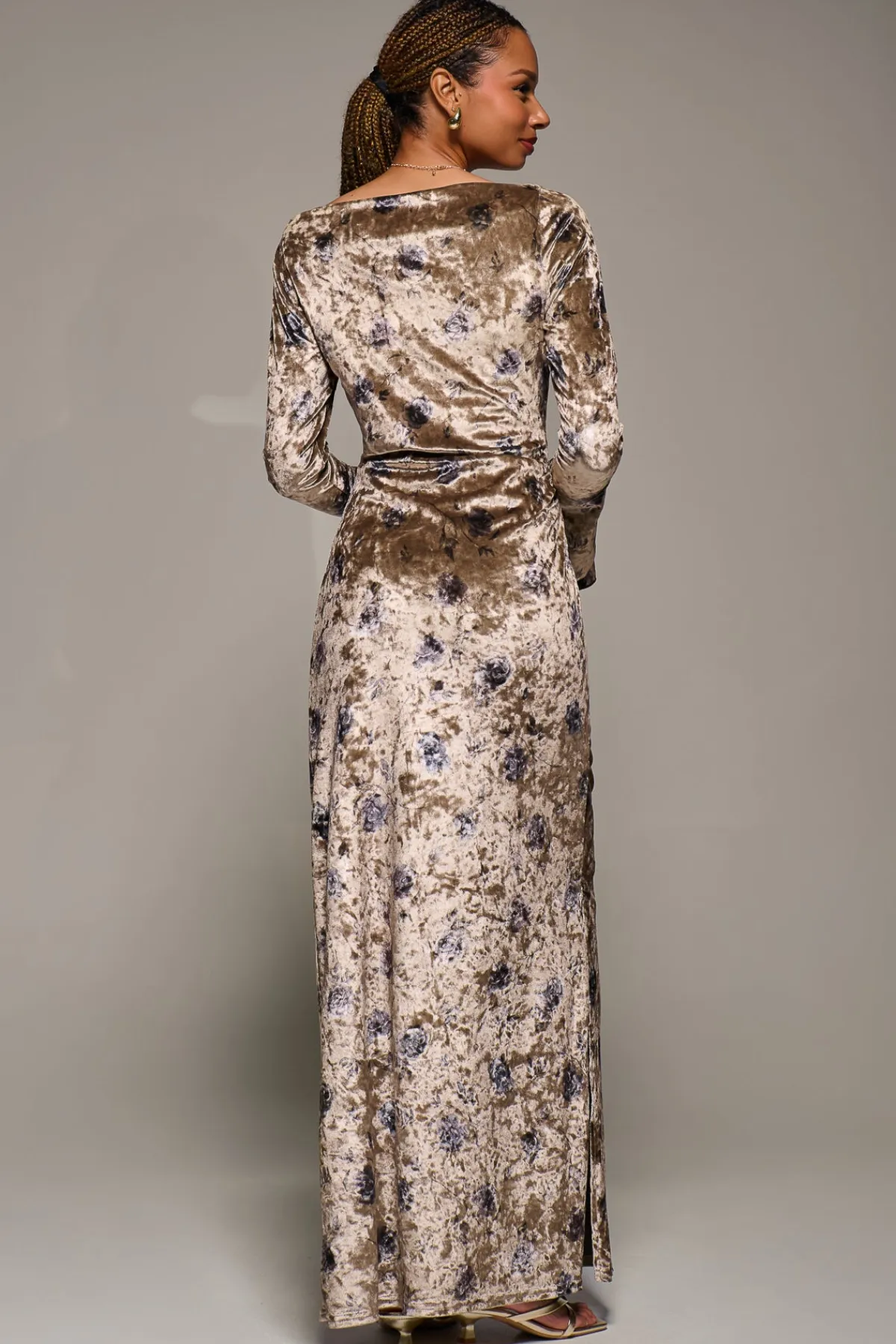 Jolie Moi Occasion Dresses|Velvet Dresses-Ruffle Sleeve Asymmetric Neck Velvet Maxi, Gold Abstract