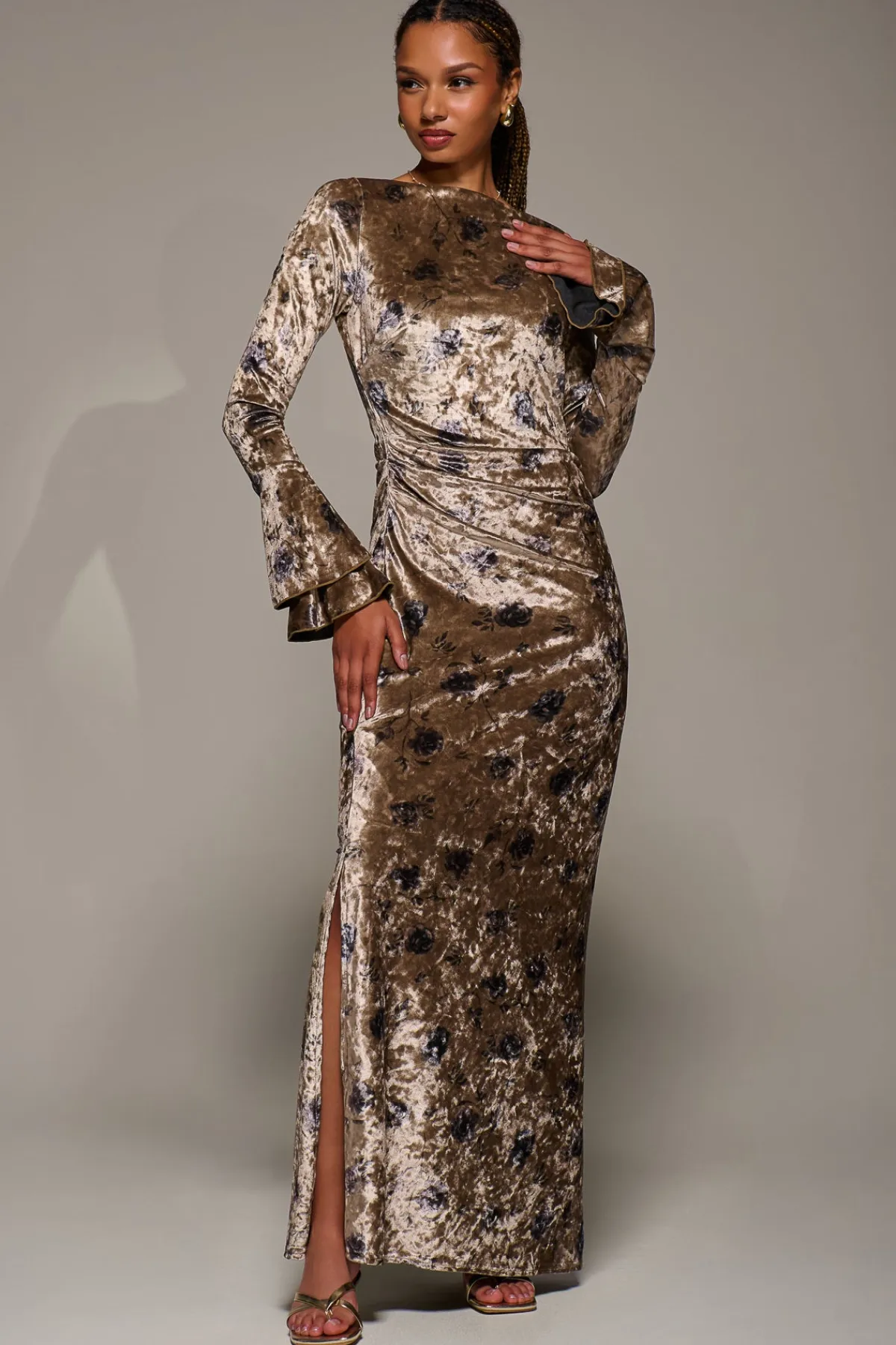 Jolie Moi Occasion Dresses|Velvet Dresses-Ruffle Sleeve Asymmetric Neck Velvet Maxi, Gold Abstract