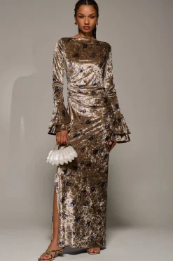 Jolie Moi Occasion Dresses|Velvet Dresses-Ruffle Sleeve Asymmetric Neck Velvet Maxi, Gold Abstract
