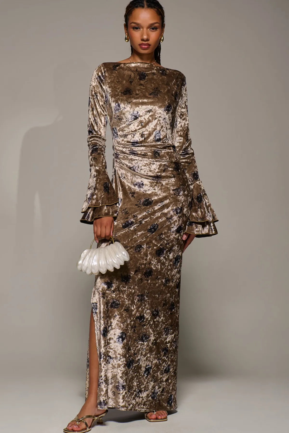 Jolie Moi Occasion Dresses|Velvet Dresses-Ruffle Sleeve Asymmetric Neck Velvet Maxi, Gold Abstract