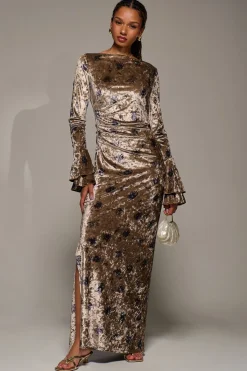 Jolie Moi Occasion Dresses|Velvet Dresses-Ruffle Sleeve Asymmetric Neck Velvet Maxi, Gold Abstract