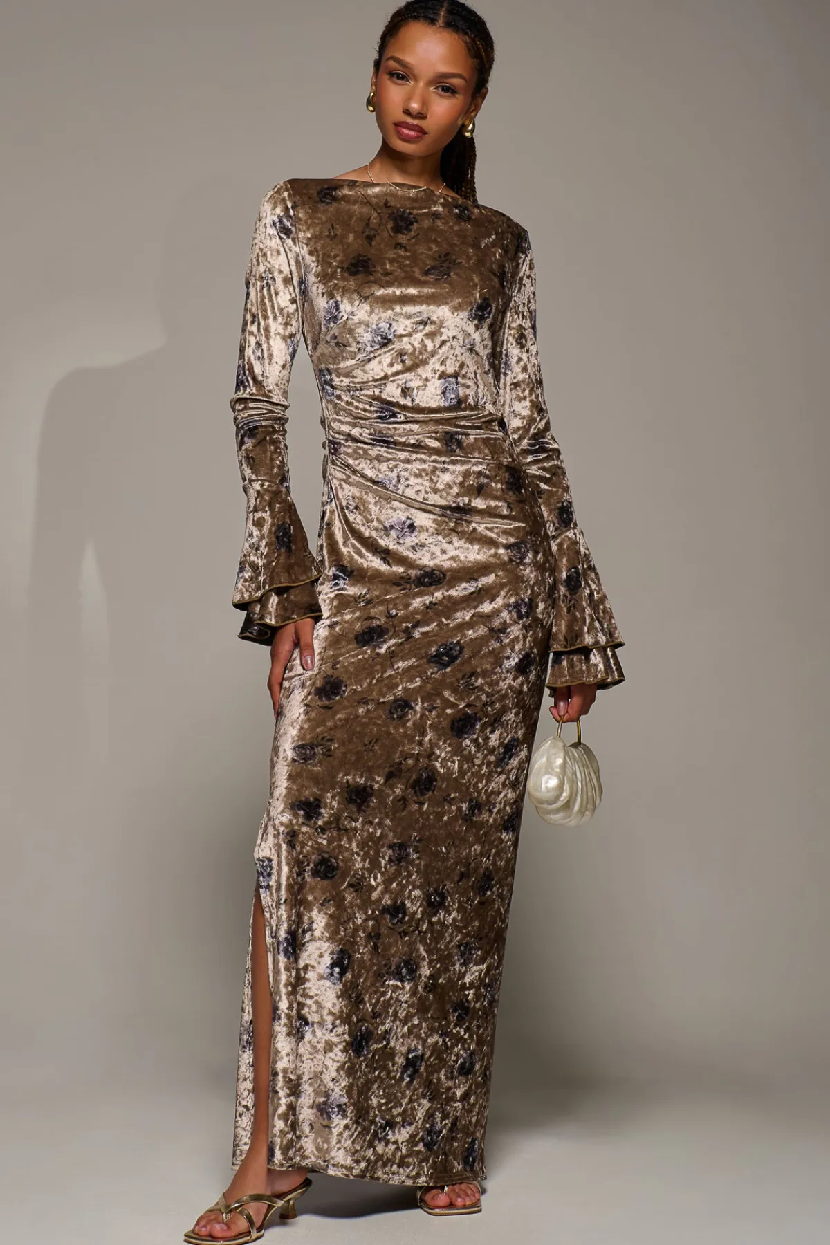 Jolie Moi Occasion Dresses|Velvet Dresses-Ruffle Sleeve Asymmetric Neck Velvet Maxi, Gold Abstract