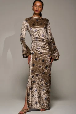 Jolie Moi Occasion Dresses|Velvet Dresses-Ruffle Sleeve Asymmetric Neck Velvet Maxi, Gold Abstract