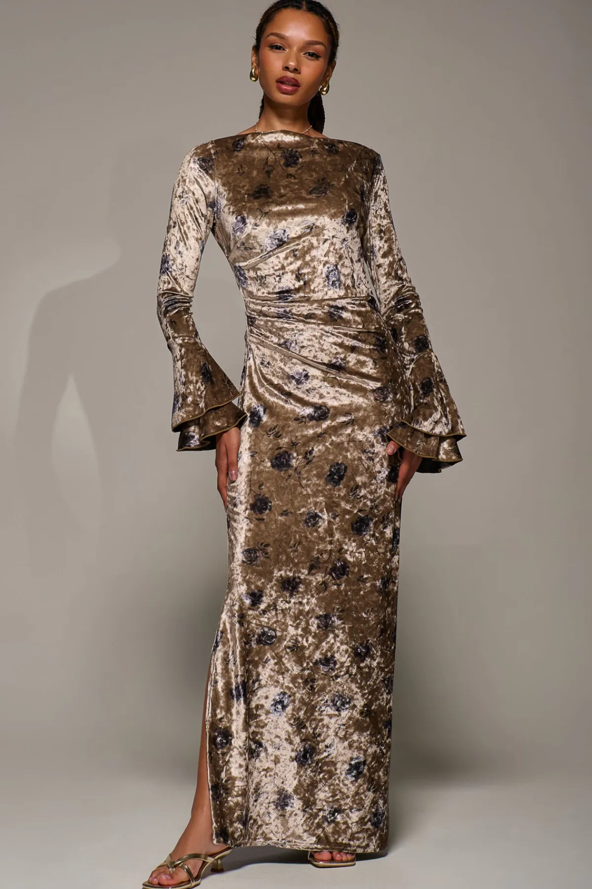 Jolie Moi Occasion Dresses|Velvet Dresses-Ruffle Sleeve Asymmetric Neck Velvet Maxi, Gold Abstract