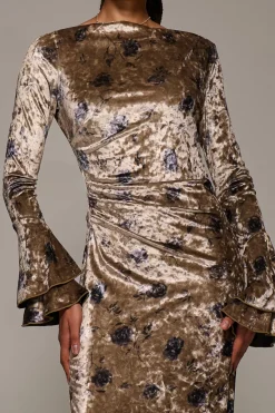 Jolie Moi Occasion Dresses|Velvet Dresses-Ruffle Sleeve Asymmetric Neck Velvet Maxi, Gold Abstract