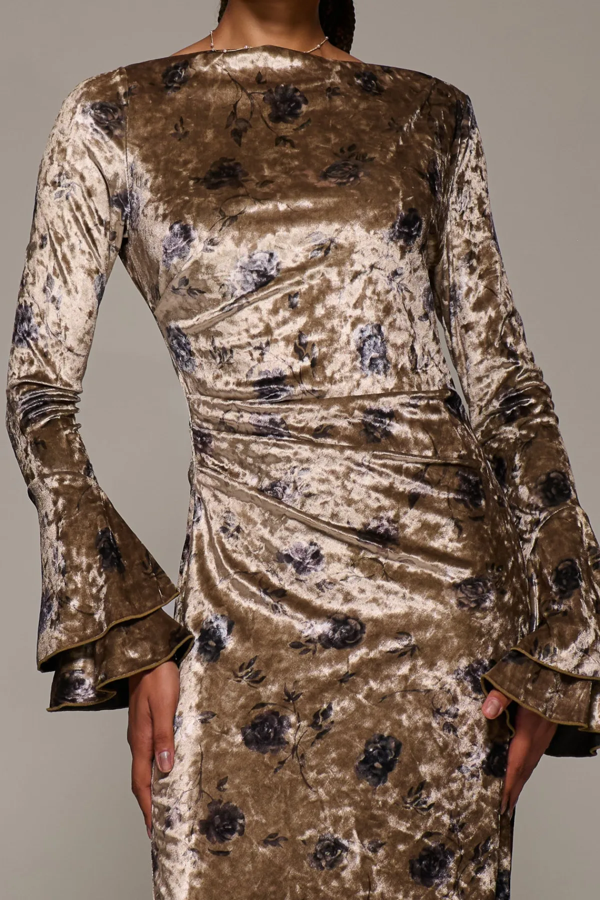 Jolie Moi Occasion Dresses|Velvet Dresses-Ruffle Sleeve Asymmetric Neck Velvet Maxi, Gold Abstract