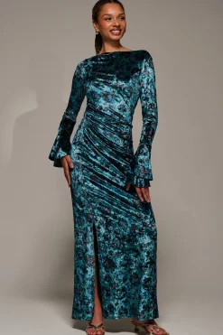 Jolie Moi Occasion Dresses|Velvet Dresses-Ruffle Sleeve Asymmetric Neck Velvet Maxi, Green Abstract