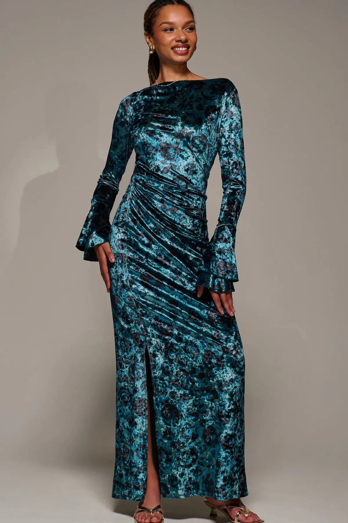 Jolie Moi Occasion Dresses|Velvet Dresses-Ruffle Sleeve Asymmetric Neck Velvet Maxi, Green Abstract