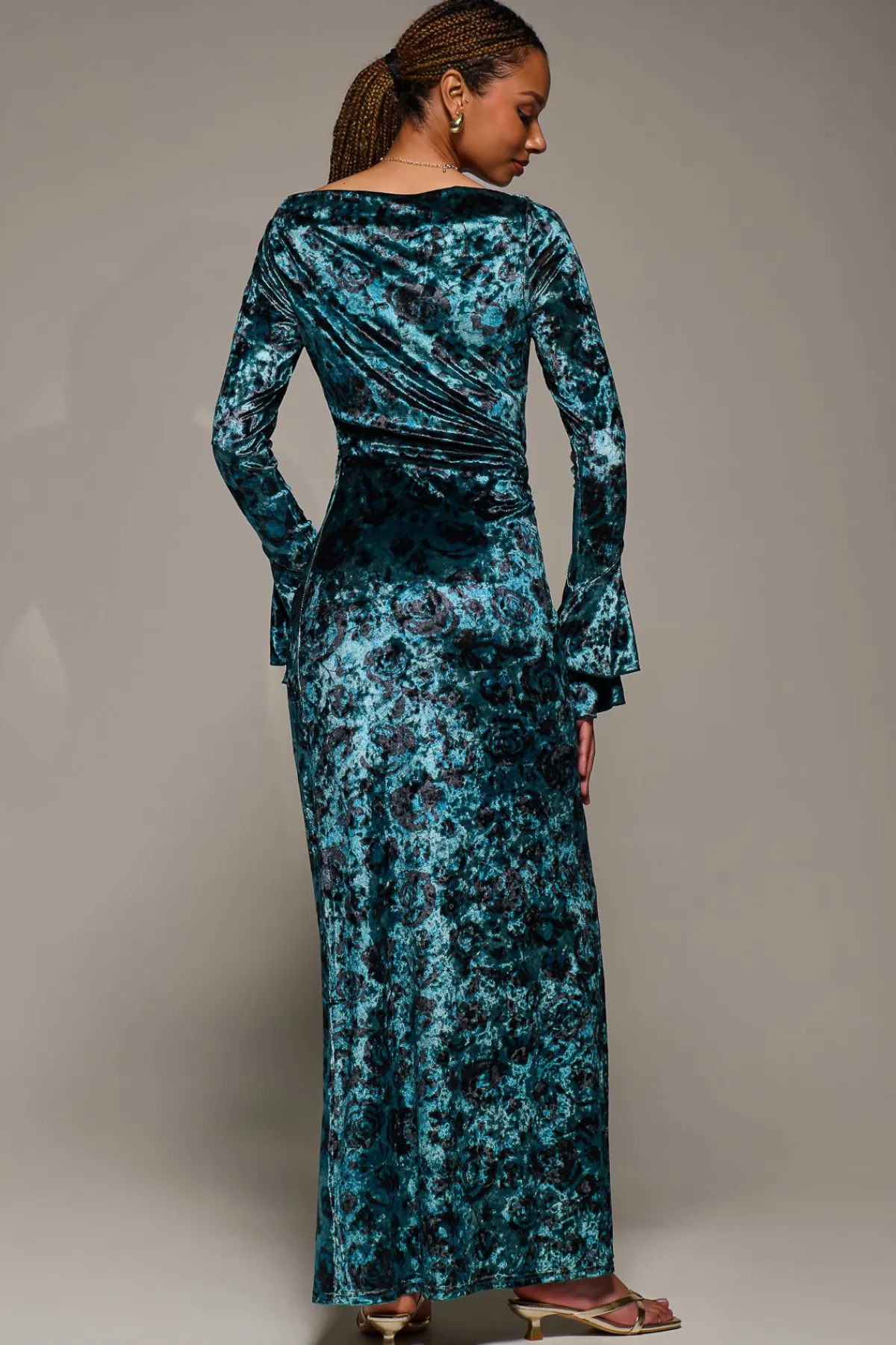 Jolie Moi Occasion Dresses|Velvet Dresses-Ruffle Sleeve Asymmetric Neck Velvet Maxi, Green Abstract