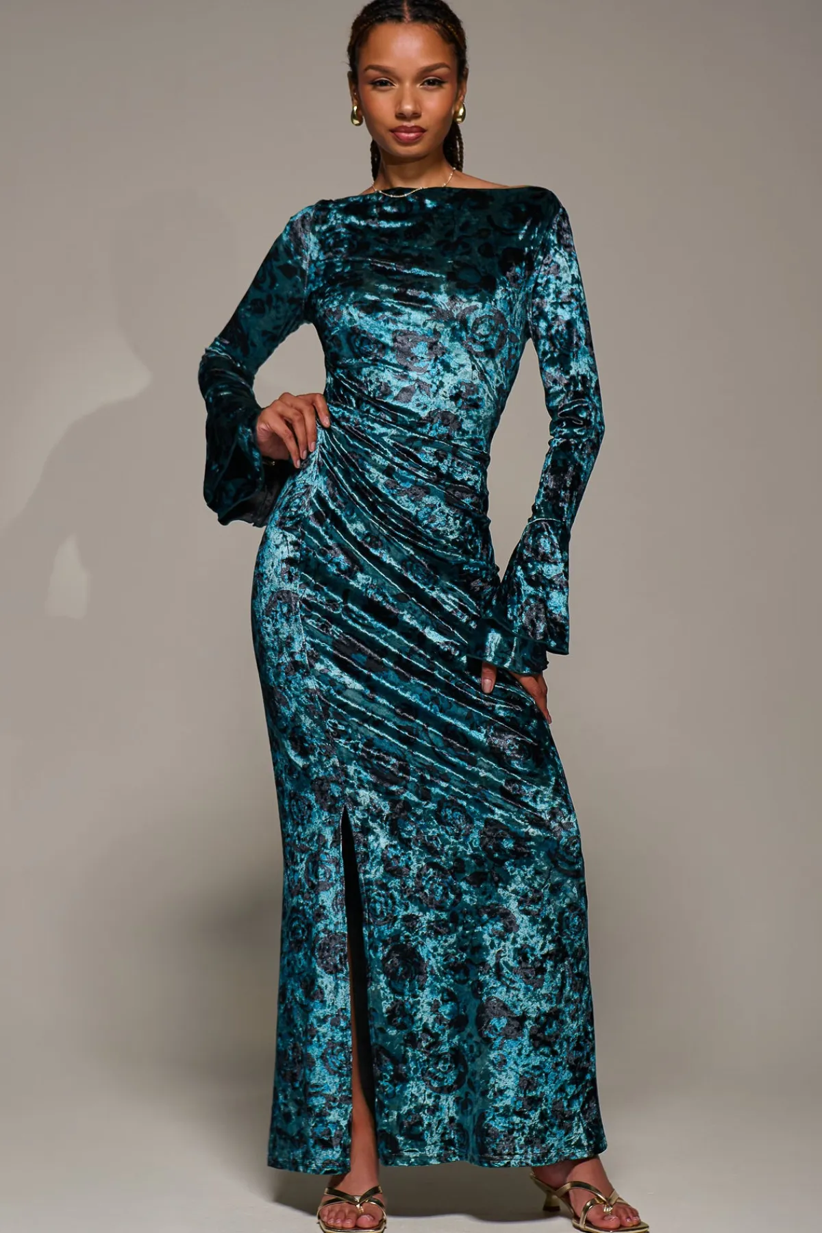 Jolie Moi Occasion Dresses|Velvet Dresses-Ruffle Sleeve Asymmetric Neck Velvet Maxi, Green Abstract