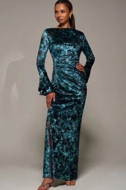 Jolie Moi Occasion Dresses|Velvet Dresses-Ruffle Sleeve Asymmetric Neck Velvet Maxi, Green Abstract