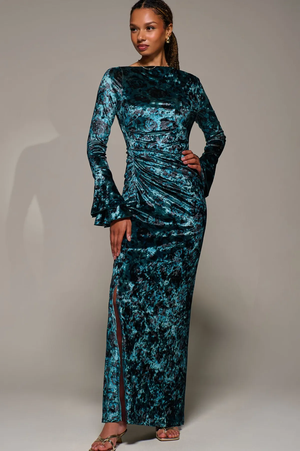 Jolie Moi Occasion Dresses|Velvet Dresses-Ruffle Sleeve Asymmetric Neck Velvet Maxi, Green Abstract