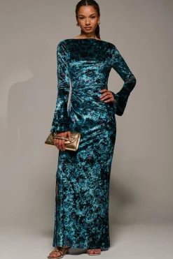Jolie Moi Occasion Dresses|Velvet Dresses-Ruffle Sleeve Asymmetric Neck Velvet Maxi, Green Abstract
