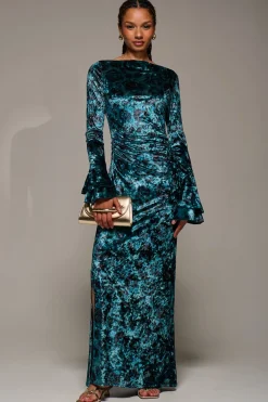 Jolie Moi Occasion Dresses|Velvet Dresses-Ruffle Sleeve Asymmetric Neck Velvet Maxi, Green Abstract