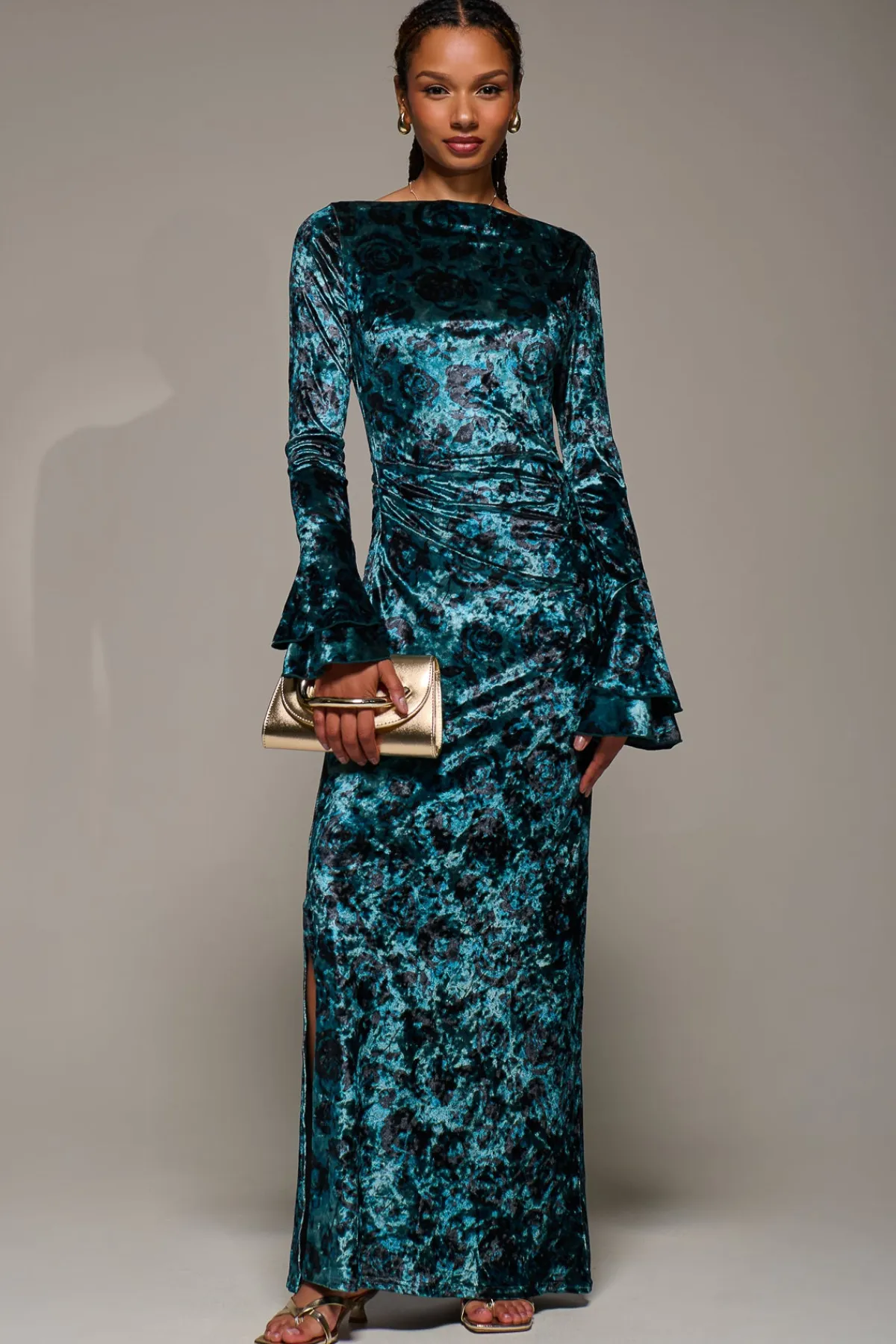 Jolie Moi Occasion Dresses|Velvet Dresses-Ruffle Sleeve Asymmetric Neck Velvet Maxi, Green Abstract