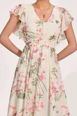 Jolie Moi Occasion Dresses|Maxi Dresses-Ruffle Sleeved Chiffon Maxi Dress, Cream Floral