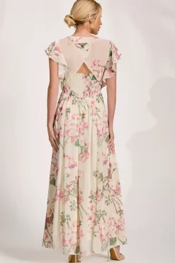 Jolie Moi Occasion Dresses|Maxi Dresses-Ruffle Sleeved Chiffon Maxi Dress, Cream Floral