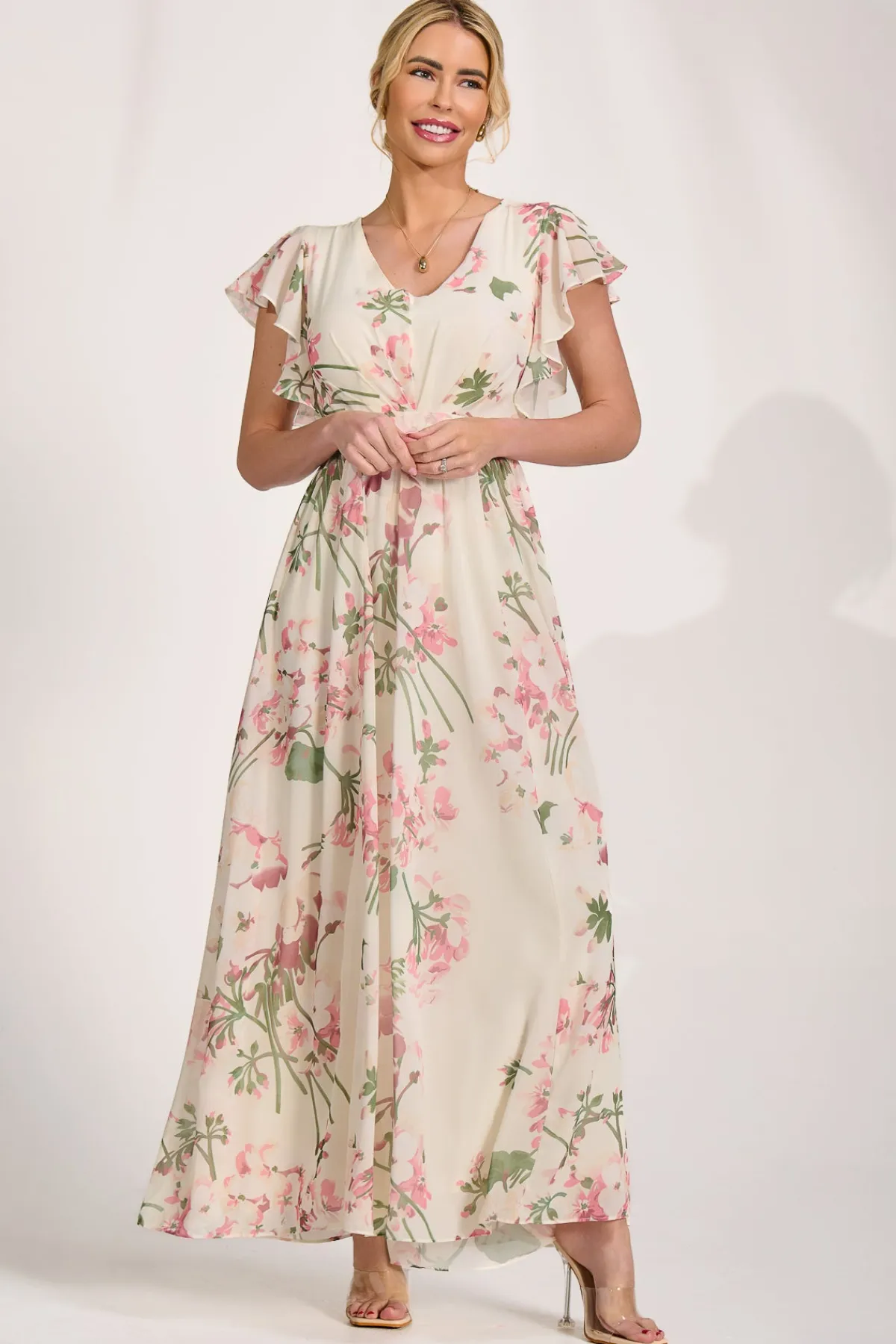 Jolie Moi Occasion Dresses|Maxi Dresses-Ruffle Sleeved Chiffon Maxi Dress, Cream Floral