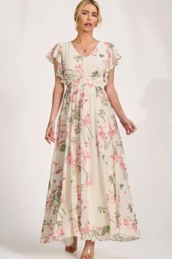 Jolie Moi Occasion Dresses|Maxi Dresses-Ruffle Sleeved Chiffon Maxi Dress, Cream Floral