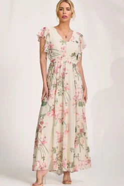 Jolie Moi Occasion Dresses|Maxi Dresses-Ruffle Sleeved Chiffon Maxi Dress, Cream Floral