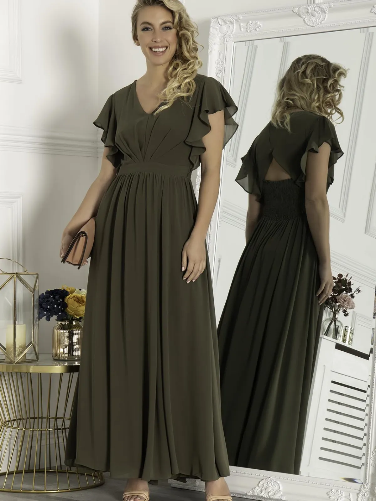 Jolie Moi Occasion Dresses|Maxi Dresses-Ruffle Sleeved Chiffon Maxi Dress, Soldier Green