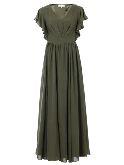 Jolie Moi Occasion Dresses|Maxi Dresses-Ruffle Sleeved Chiffon Maxi Dress, Soldier Green