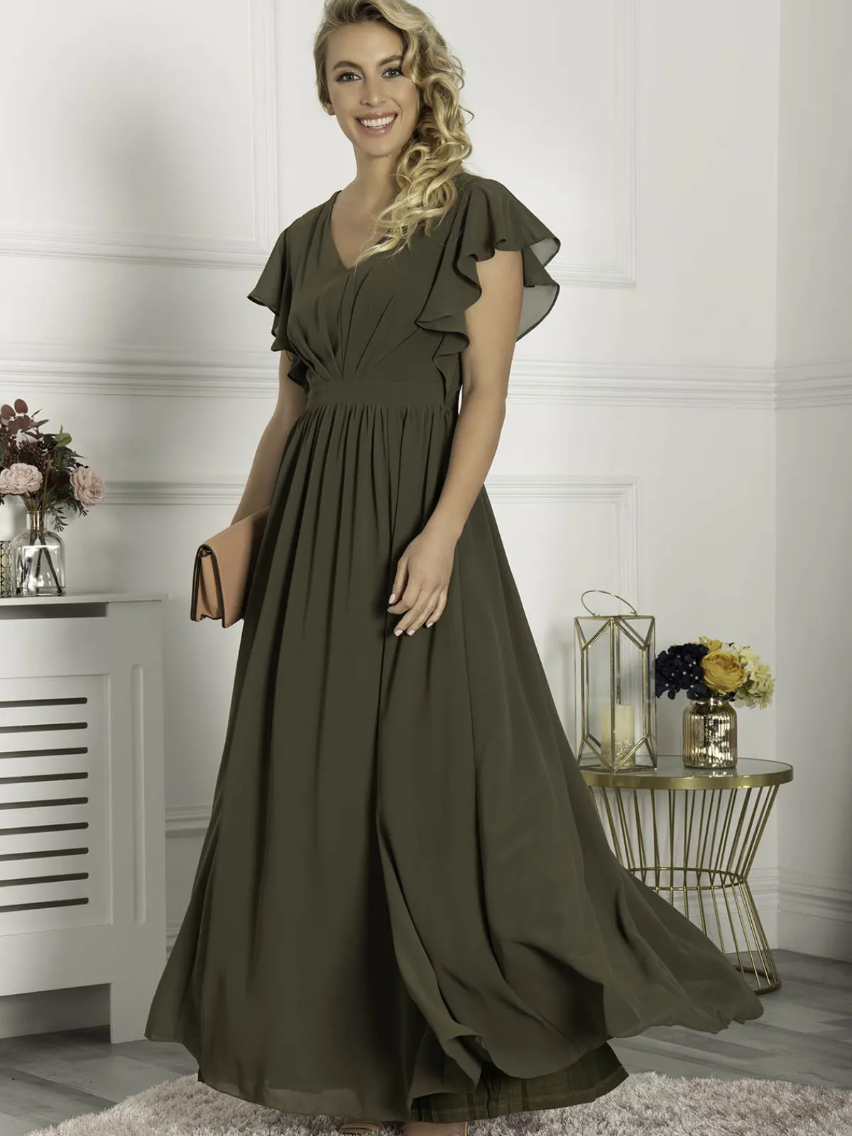 Jolie Moi Occasion Dresses|Maxi Dresses-Ruffle Sleeved Chiffon Maxi Dress, Soldier Green
