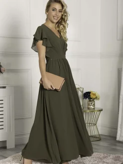 Jolie Moi Occasion Dresses|Maxi Dresses-Ruffle Sleeved Chiffon Maxi Dress, Soldier Green