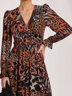 Jolie Moi Occasion Dresses|Animal Print Dresses-Ruffle Sleeve Mesh Midaxi Dress, Animal Multi