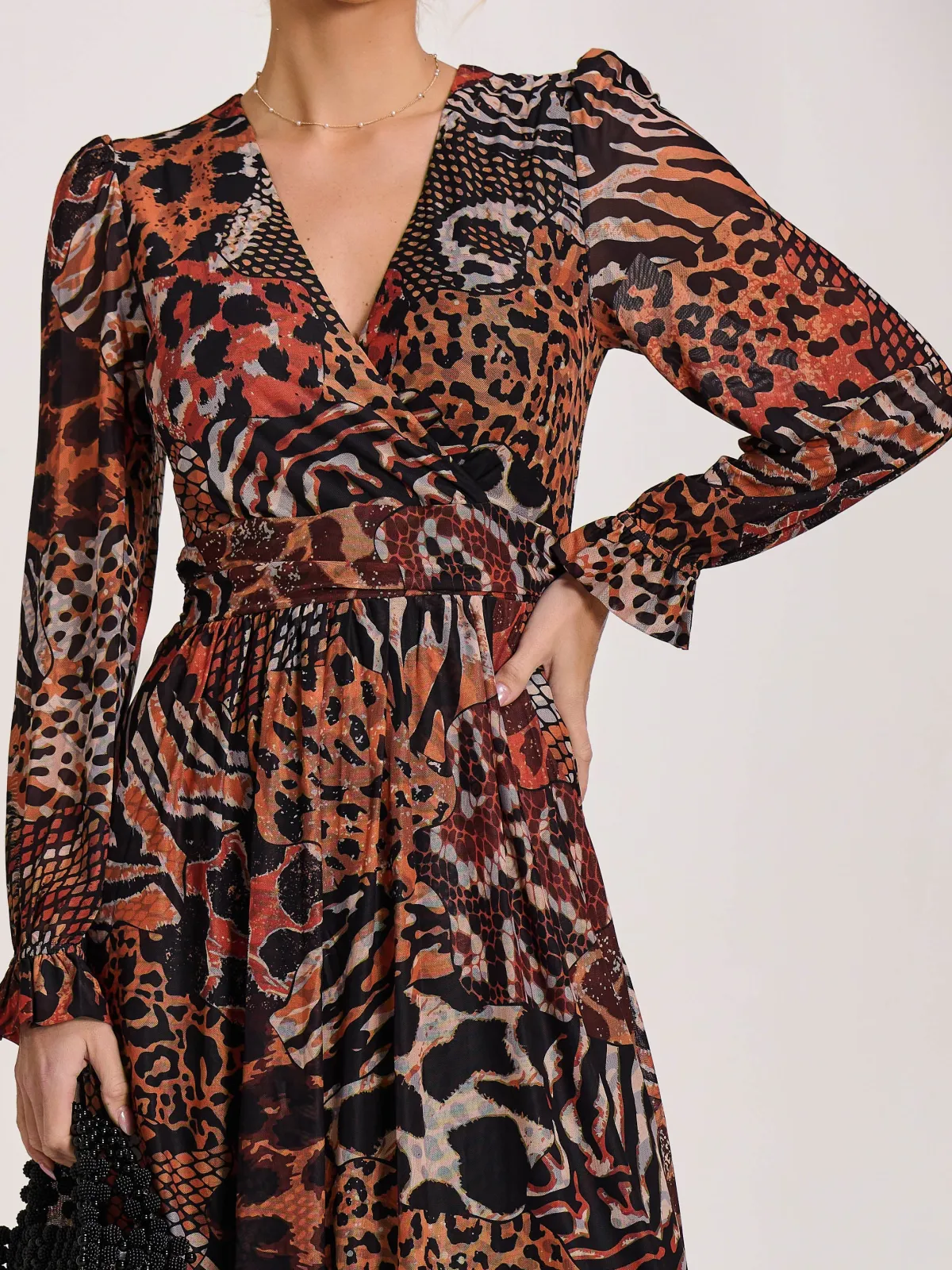 Jolie Moi Occasion Dresses|Animal Print Dresses-Ruffle Sleeve Mesh Midaxi Dress, Animal Multi