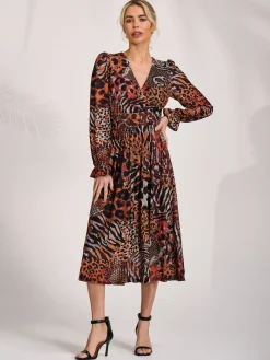 Jolie Moi Occasion Dresses|Animal Print Dresses-Ruffle Sleeve Mesh Midaxi Dress, Animal Multi