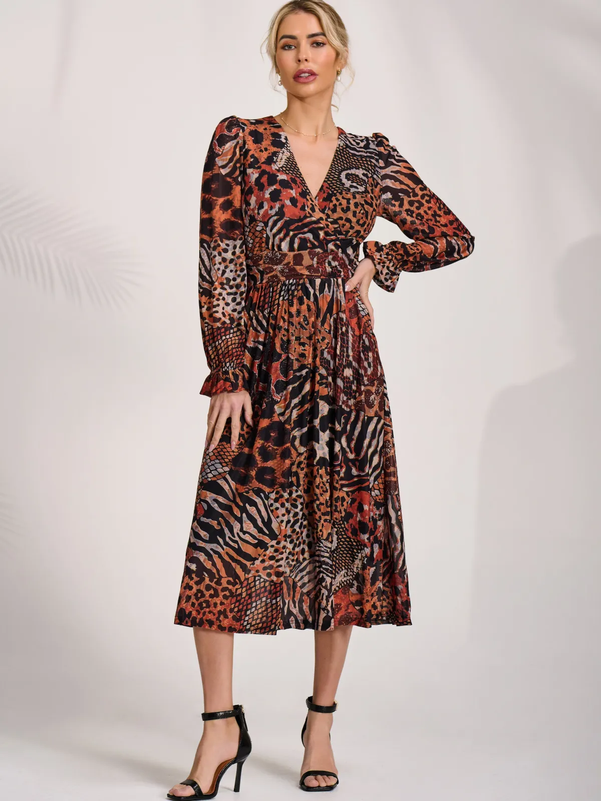 Jolie Moi Occasion Dresses|Animal Print Dresses-Ruffle Sleeve Mesh Midaxi Dress, Animal Multi