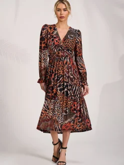 Jolie Moi Occasion Dresses|Animal Print Dresses-Ruffle Sleeve Mesh Midaxi Dress, Animal Multi