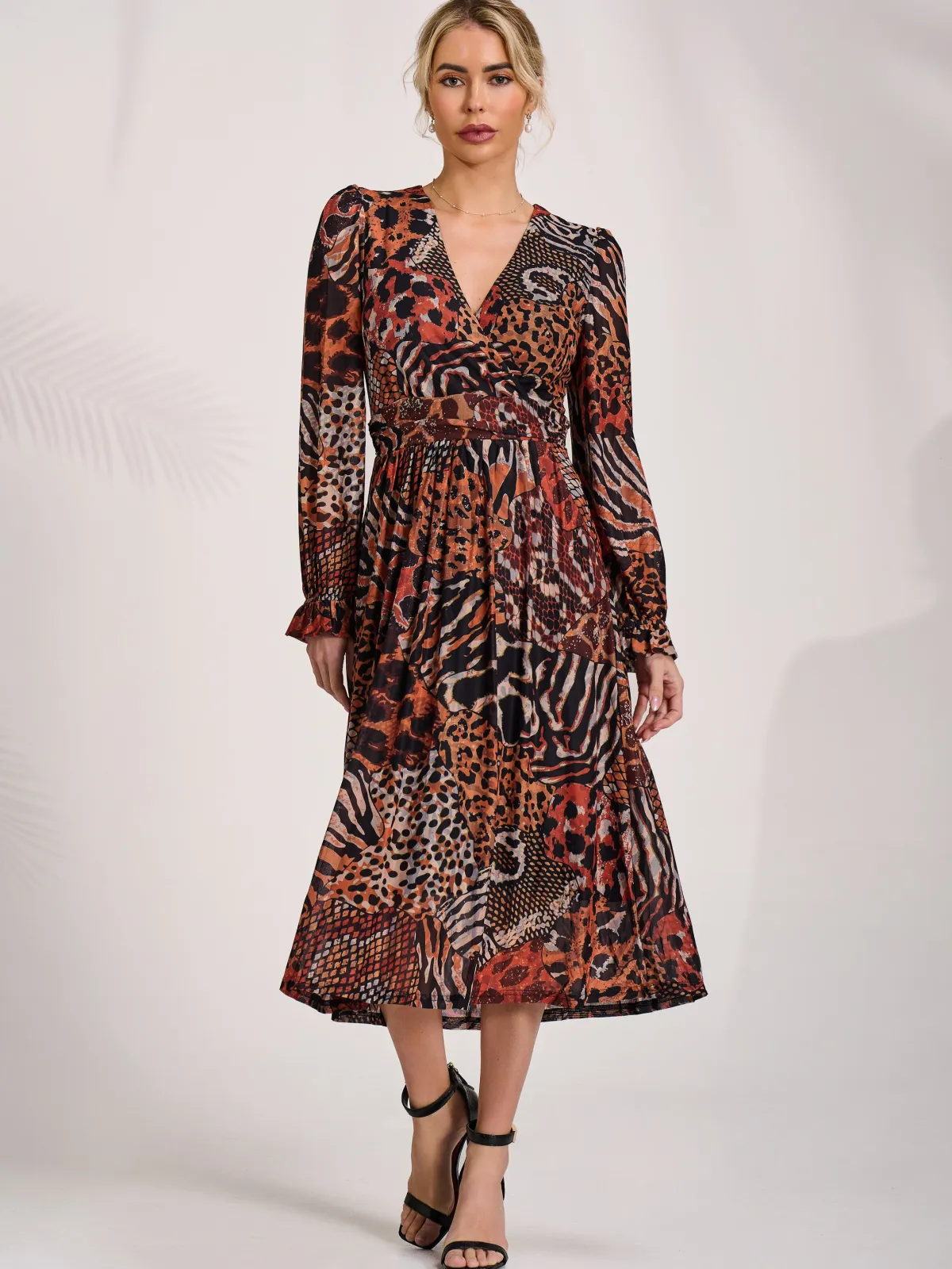 Jolie Moi Occasion Dresses|Animal Print Dresses-Ruffle Sleeve Mesh Midaxi Dress, Animal Multi