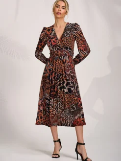 Jolie Moi Occasion Dresses|Animal Print Dresses-Ruffle Sleeve Mesh Midaxi Dress, Animal Multi
