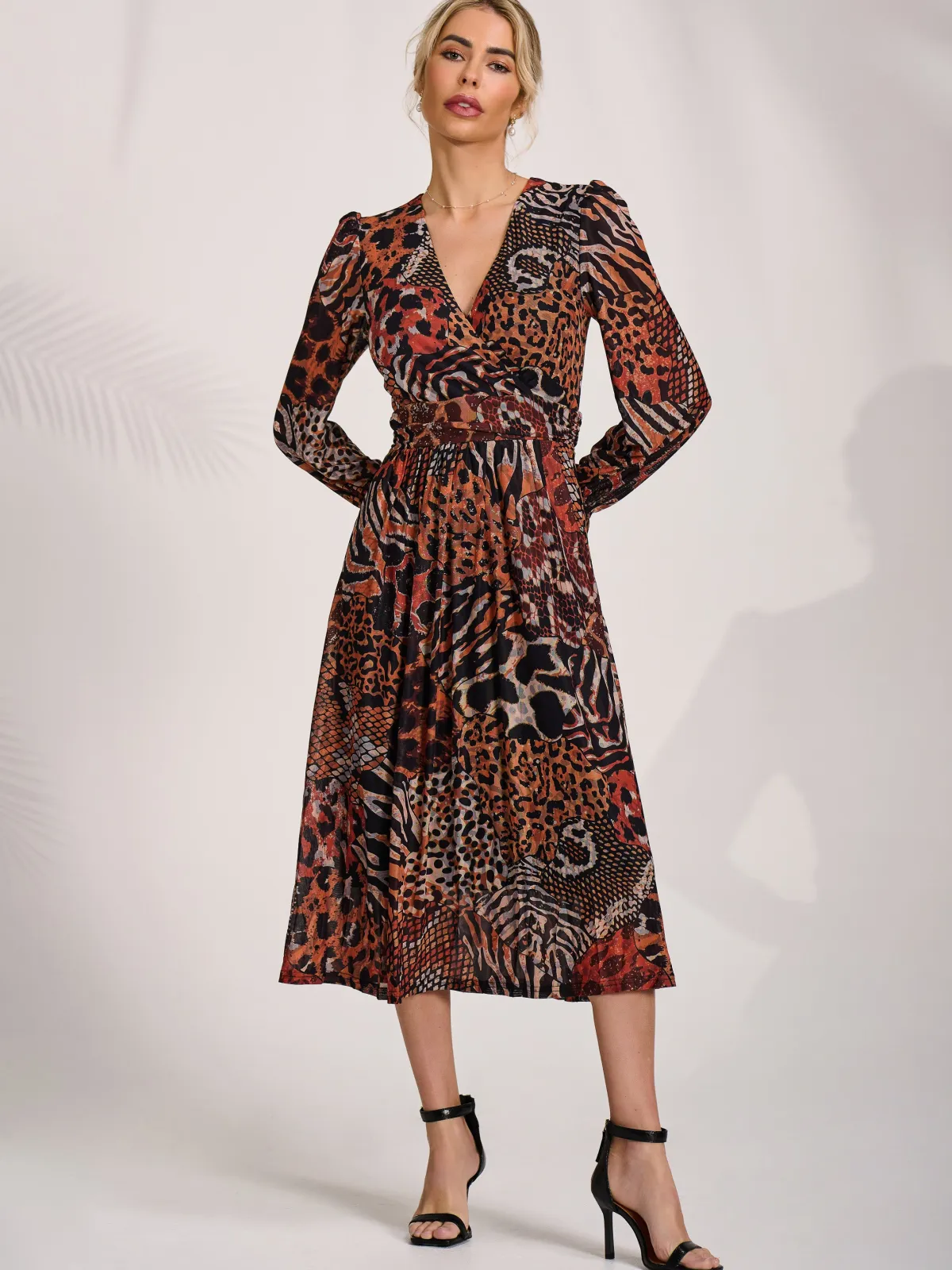 Jolie Moi Occasion Dresses|Animal Print Dresses-Ruffle Sleeve Mesh Midaxi Dress, Animal Multi