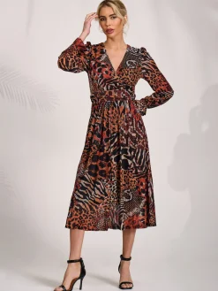 Jolie Moi Occasion Dresses|Animal Print Dresses-Ruffle Sleeve Mesh Midaxi Dress, Animal Multi