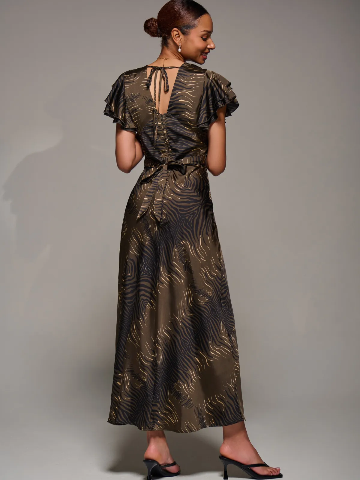 Jolie Moi Occasion Dresses|Weekend Casuals-Ruffle Sleeve Print Satin Maxi Dress, Brown Animal