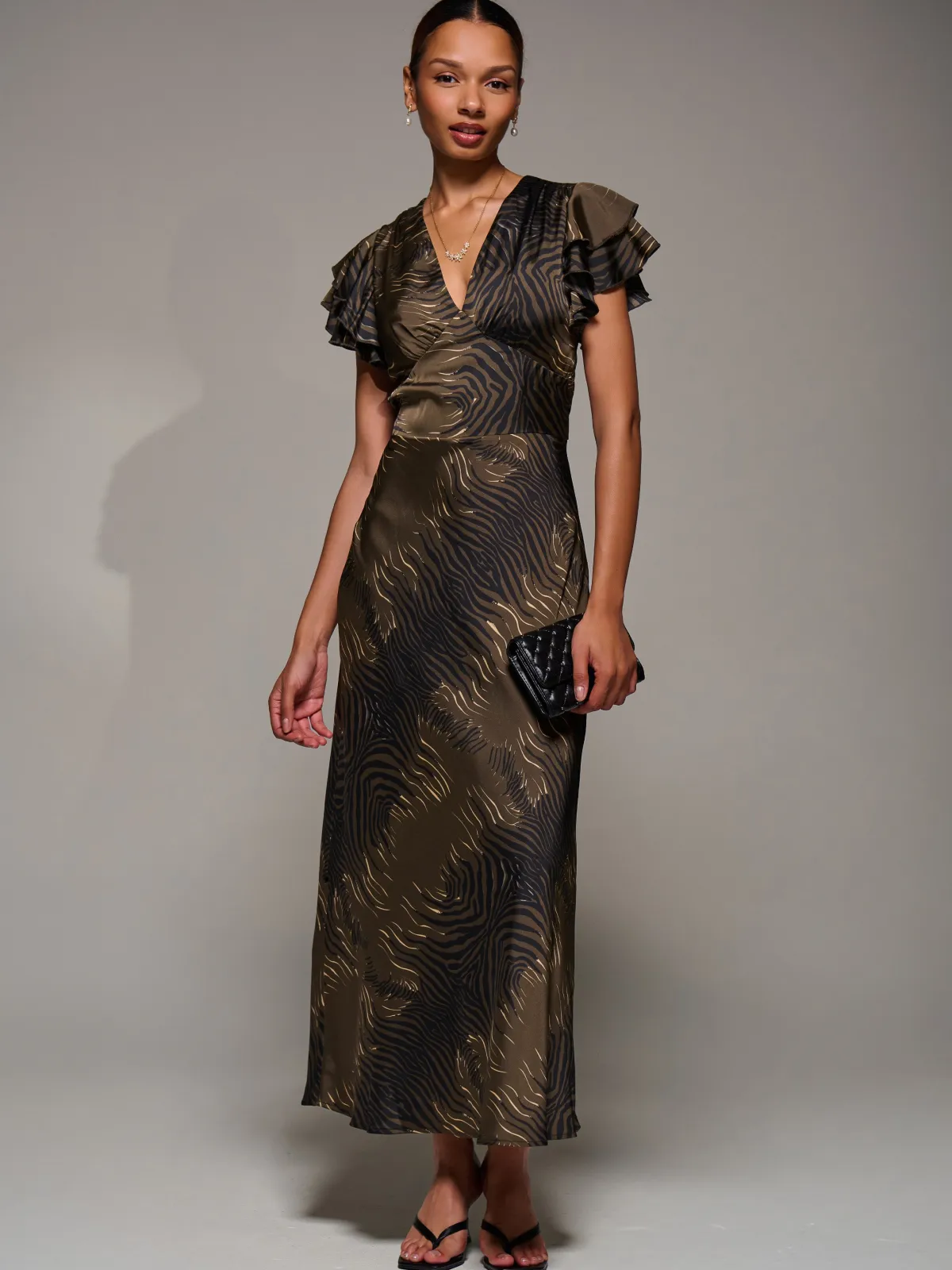Jolie Moi Occasion Dresses|Weekend Casuals-Ruffle Sleeve Print Satin Maxi Dress, Brown Animal