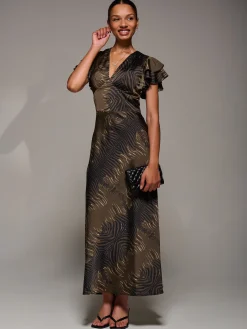 Jolie Moi Occasion Dresses|Weekend Casuals-Ruffle Sleeve Print Satin Maxi Dress, Brown Animal